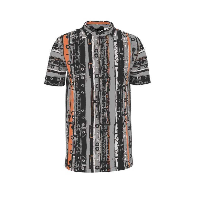 A short-sleeved polo shirt featuring a geometric pattern with gray and orange colors.