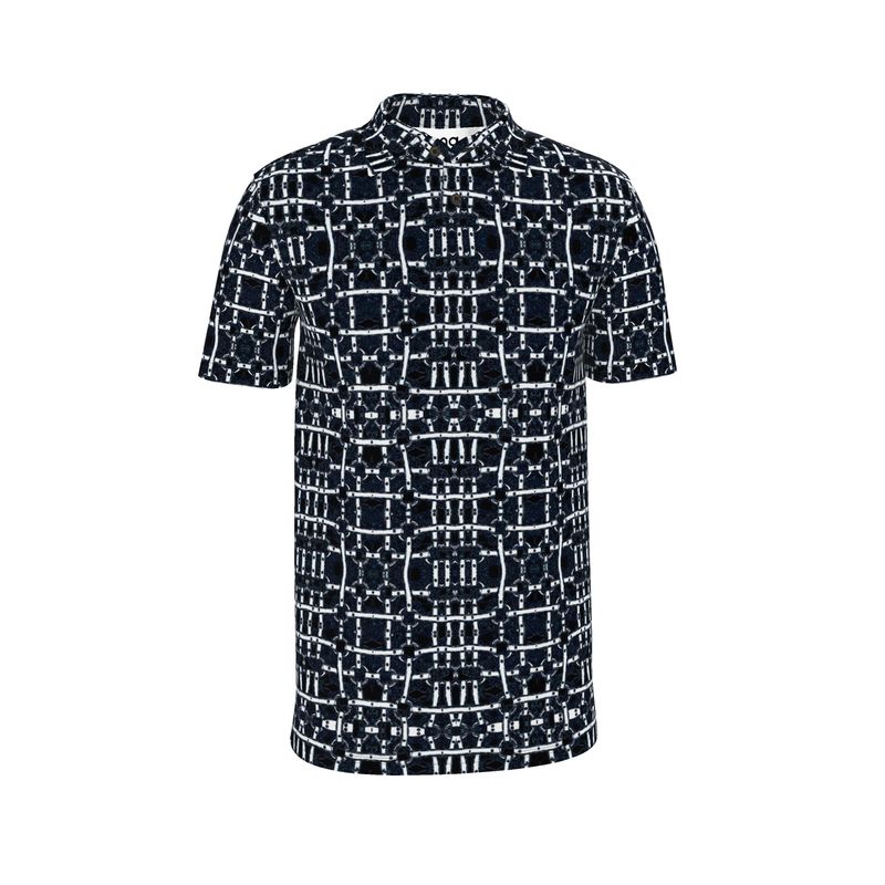 A black and white geometric patterned polo shirt