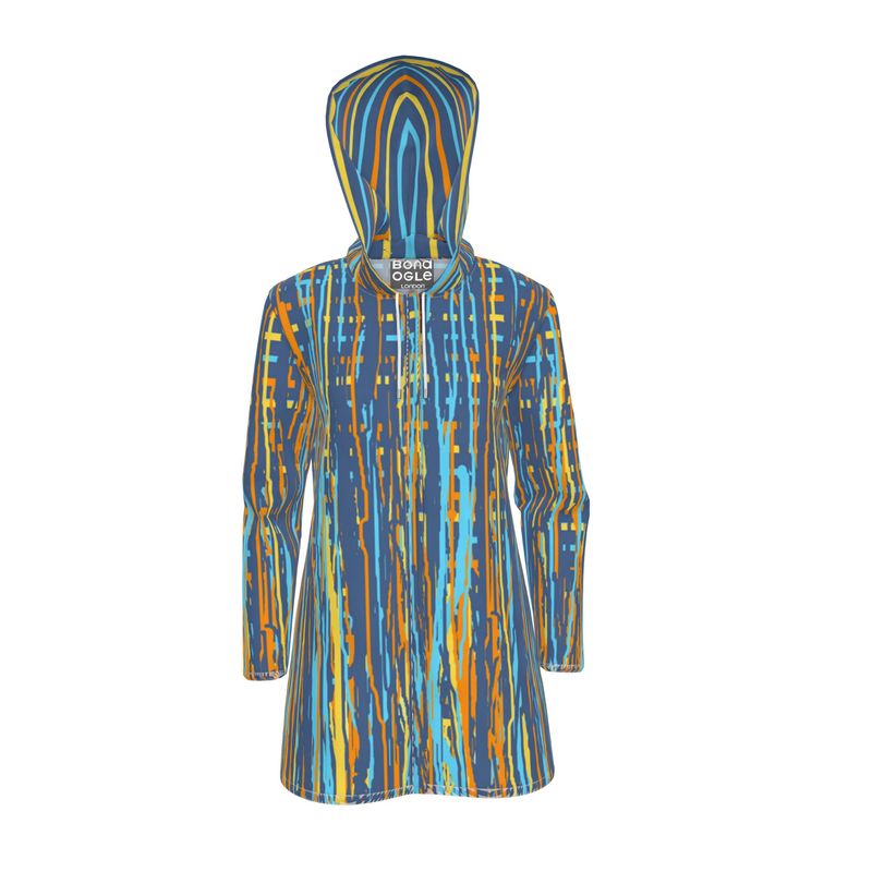 A women's hooded rain mac with a vivid striped pattern in blue and yellow tones.