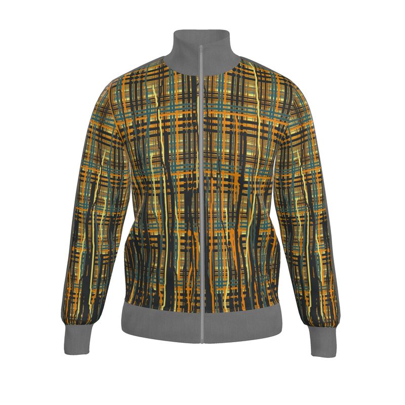 A tracksuit jacket with a dripping plaid pattern in orange and other colors, featuring a collar and zip closure.