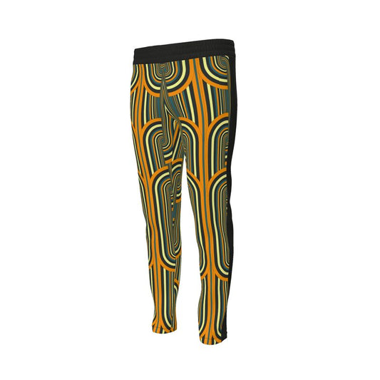 This image displays a pair of stylish tracksuit trousers with a distinctive and vibrant print. The pattern features chains in stylized forms, rendered in bold shades of orange and green.