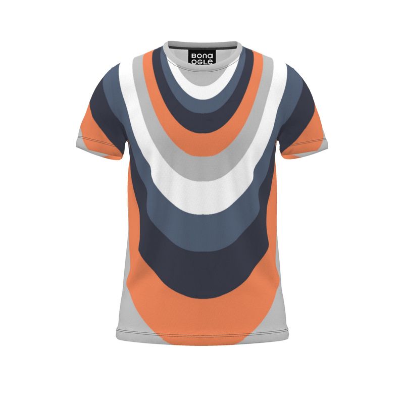 T-shirt with an ombre design transitioning from gray to coral, featuring a crew neckline and short sleeves.