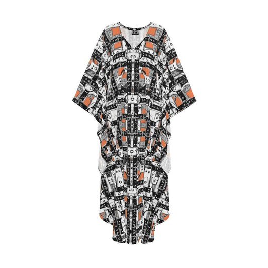 A kaftan featuring a geometric pattern  made from leather straps and rings and buckles with gray and coral colors.