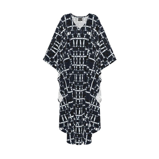 A navy kaftan with white harness print, displayed against a plain background.