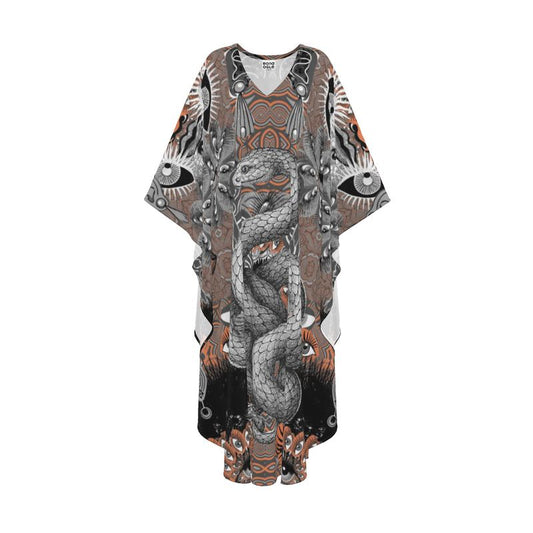 A kaftan featuring a printed design with eyes, a serpent, and coral colors on a gray background