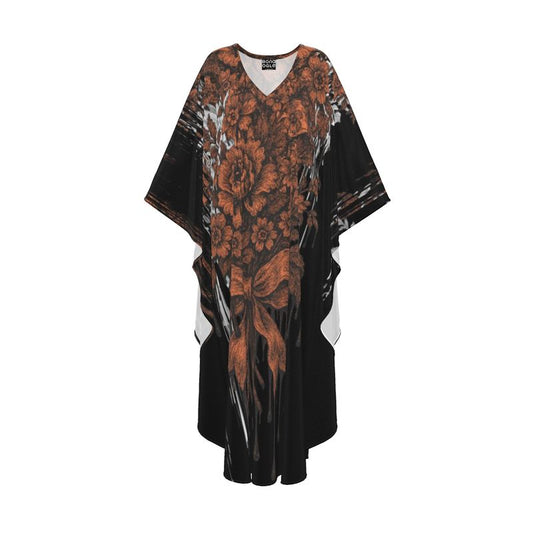 A floral kaftan in gray and coral colors with a bold, abstract design, displayed against a plain background.