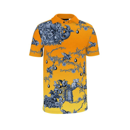 A yellow, orange, and blue floral patterned polo shirt