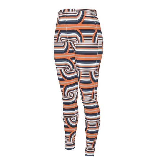 A pair of high waisted leggings with a geometric pattern in shades of gray and orange.