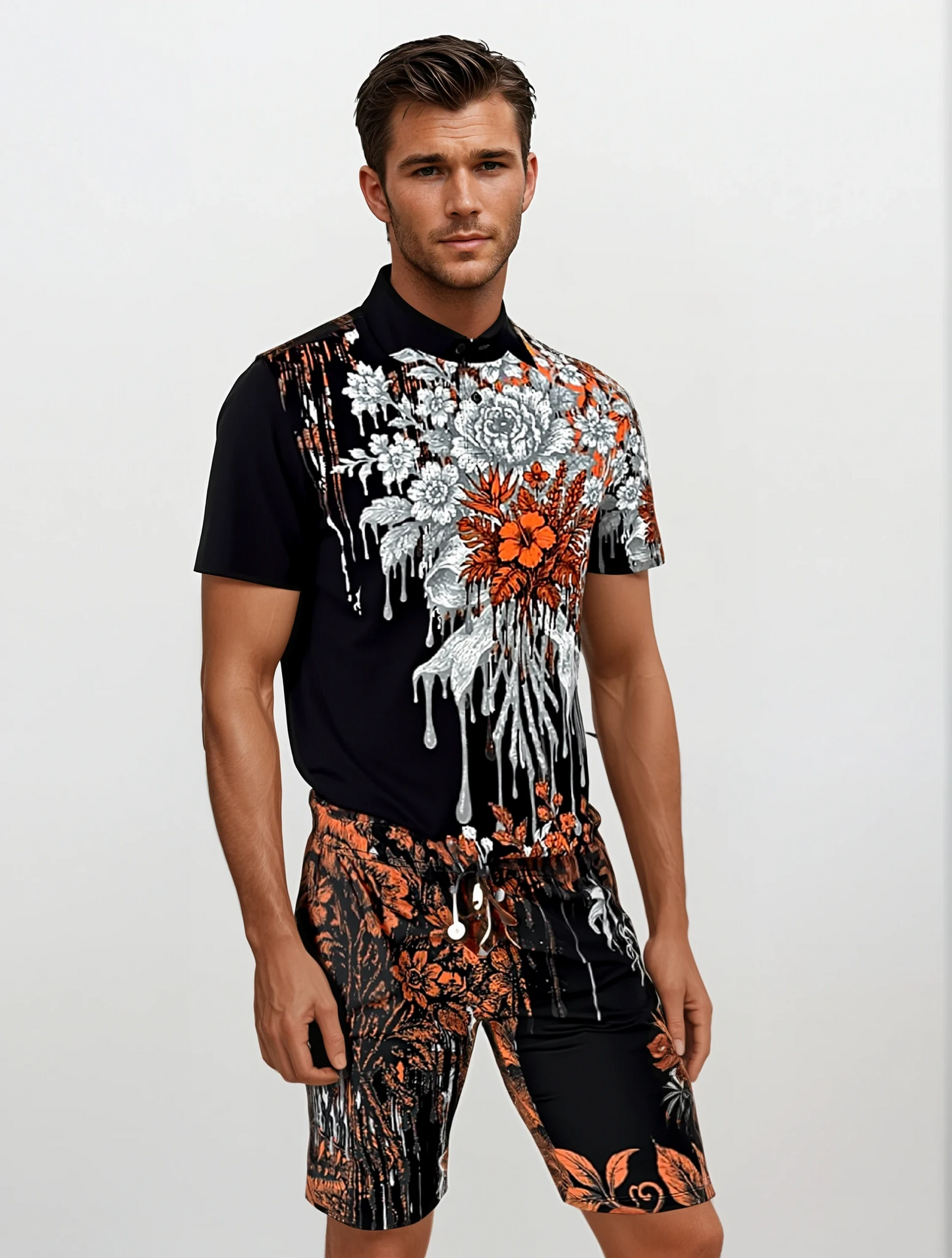 Polo Shirt in Dripping Flowers Gray Coral