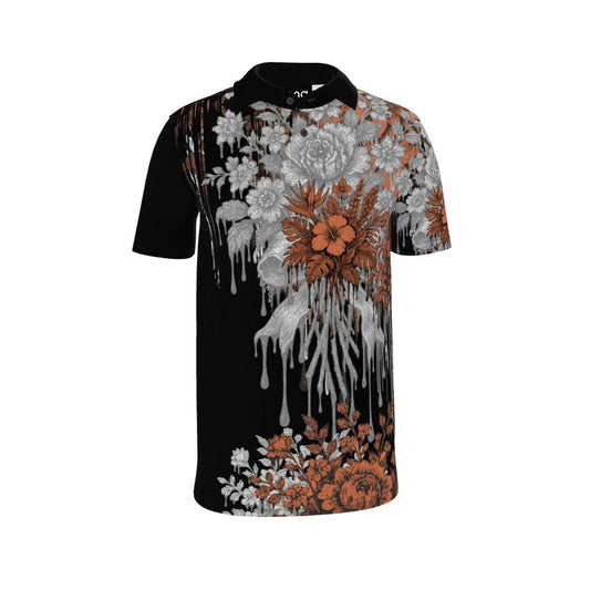 Polo Shirt in Dripping Flowers Gray Coral