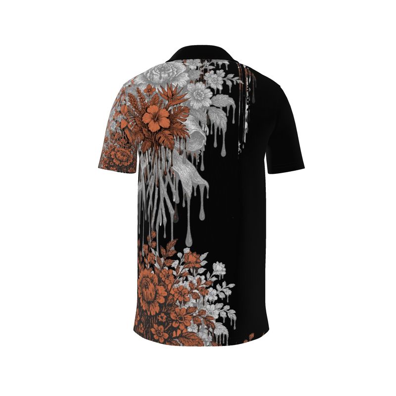 Polo Shirt in Dripping Flowers Gray Coral