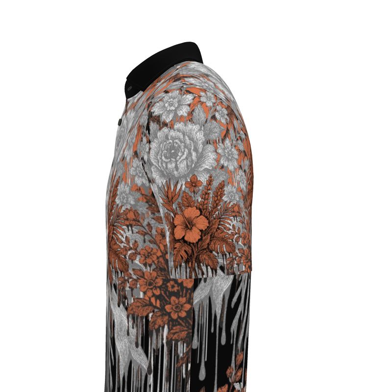 Polo Shirt in Dripping Flowers Gray Coral