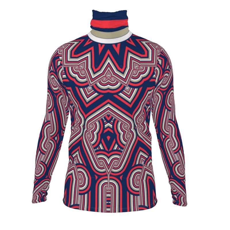 Slim Fit Roll Neck Top in Geo Chain Blue