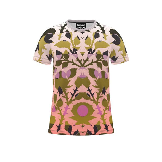 All Over Print T Shirt in Spots Stripes Roses Golden Sunset