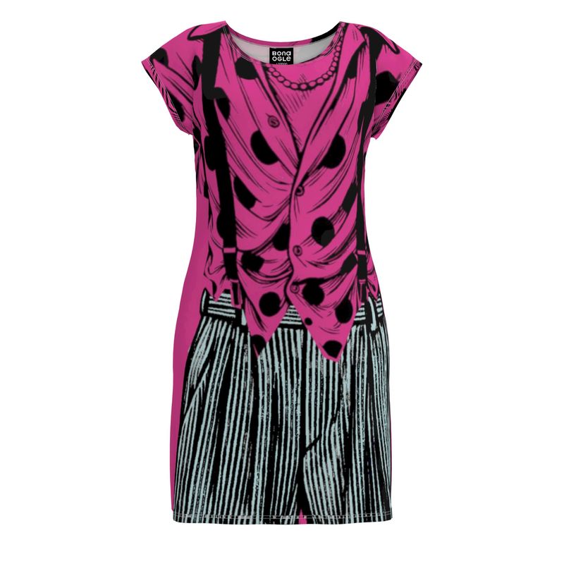 Tunic T Shirt Dress in Trompe l'oeil  Fuchsia Grey Carbon
