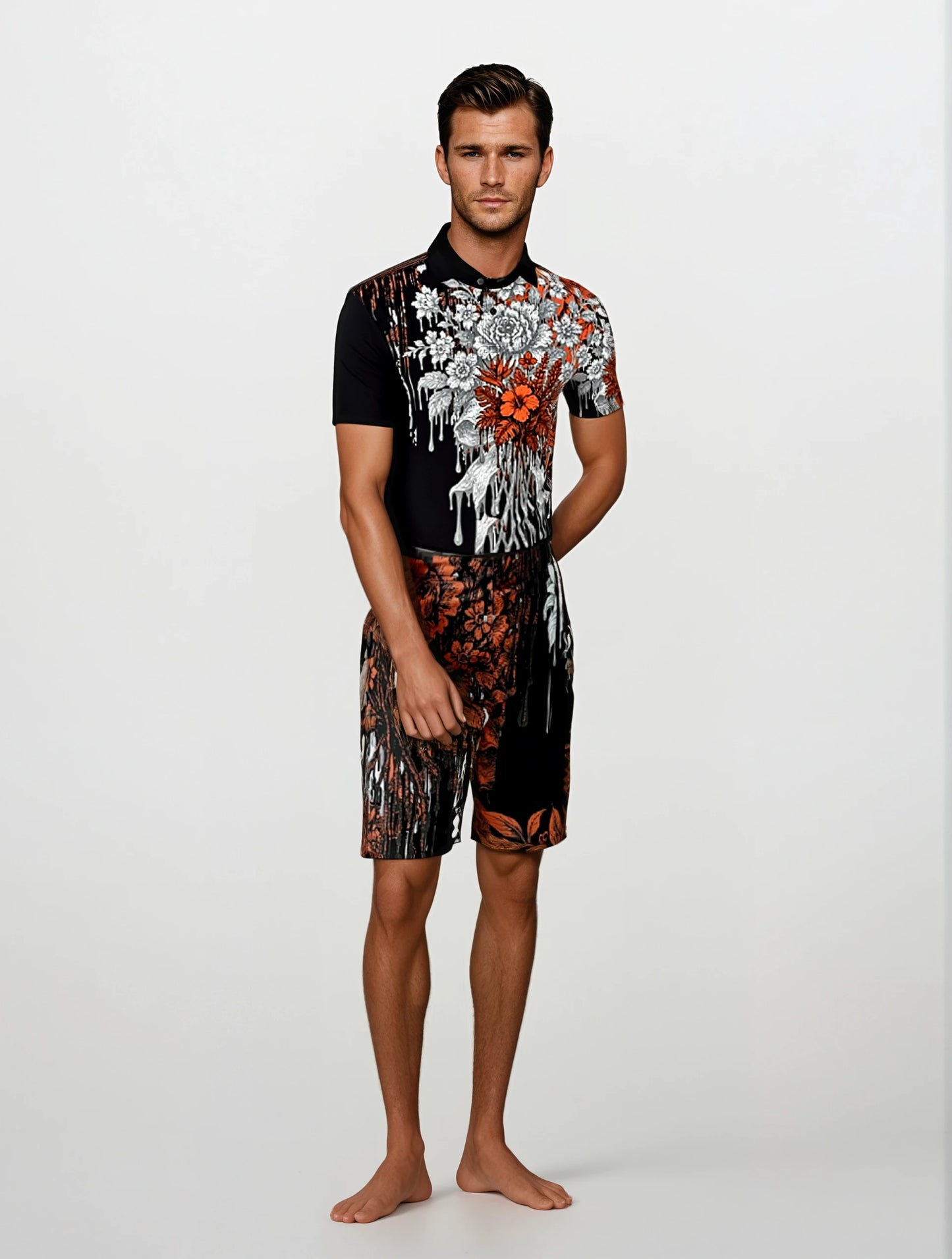 Sweat Shorts  in Dripping Flowers Gray Coral