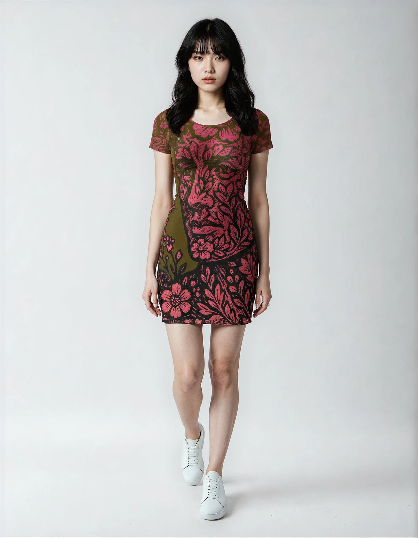 Tunic T-shirt Dress in Floral Face Golden Sunset