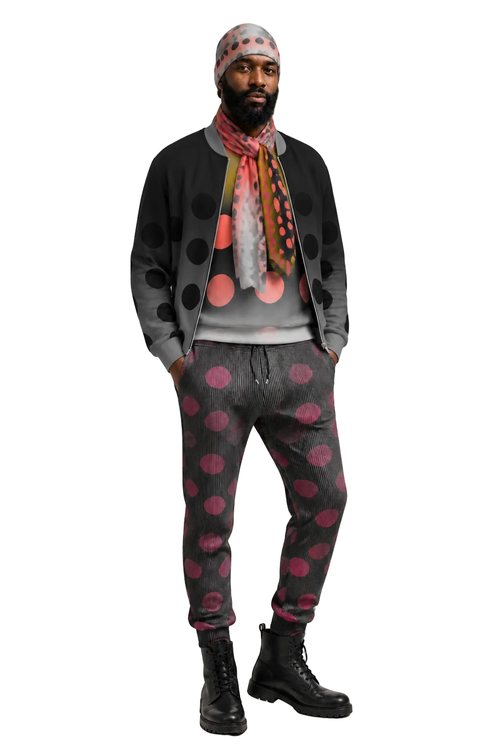 A man modeling a coordinated outfit featuring a black cardigan and matching joggers with pink polka dots, a gray sweatshirt, a multicolor polka dot scarf, a patterned beanie, and black boots, photographed against a light gray studio background.
