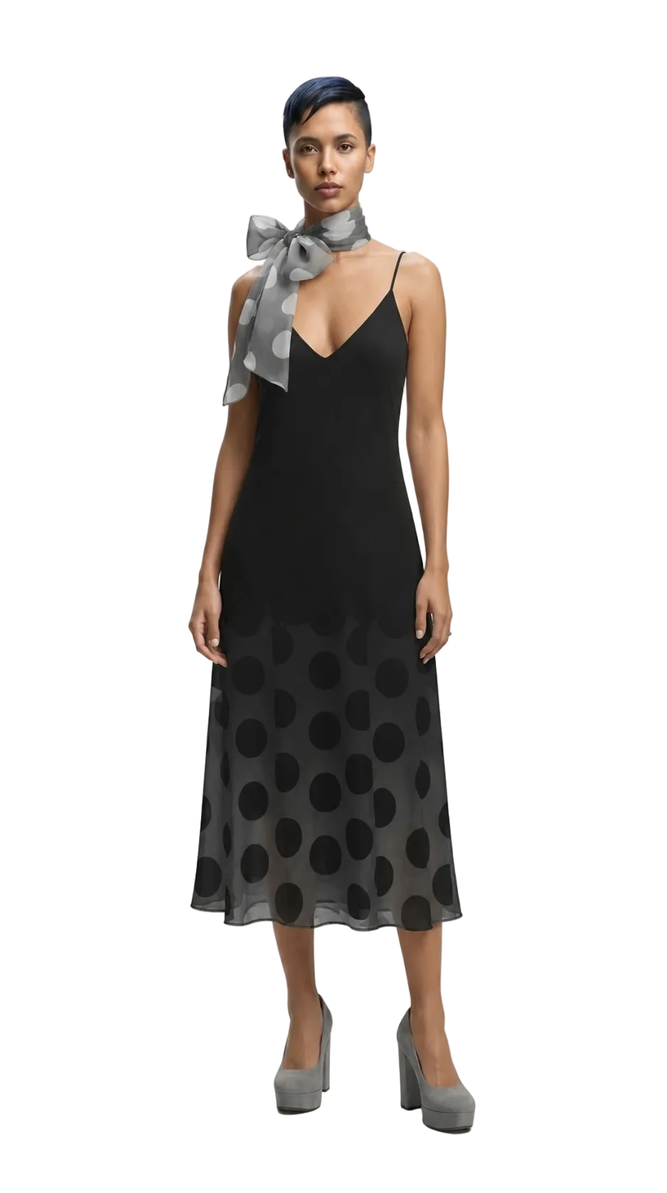 A model wearing a black midi dress with a sheer black polka-dot lower skirt, a gray polka-dot neck scarf tied in a bow, and gray high heels, photographed against a plain light gray studio background.