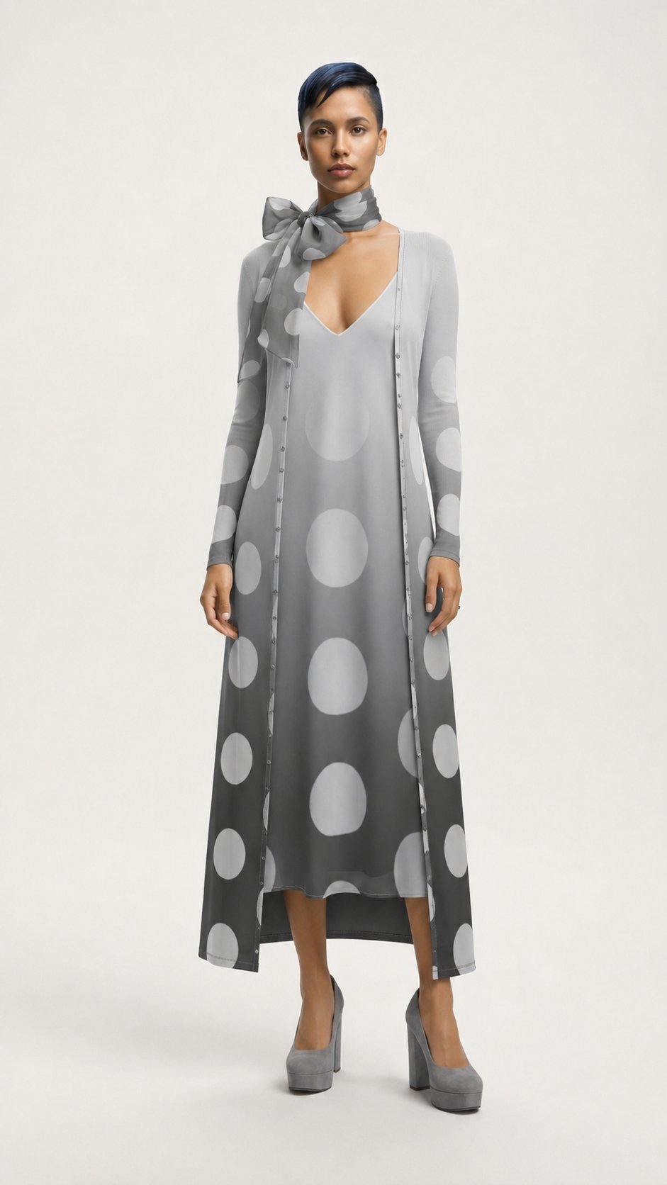 Cardigan Dress in Ombre Polka Gray Carbon