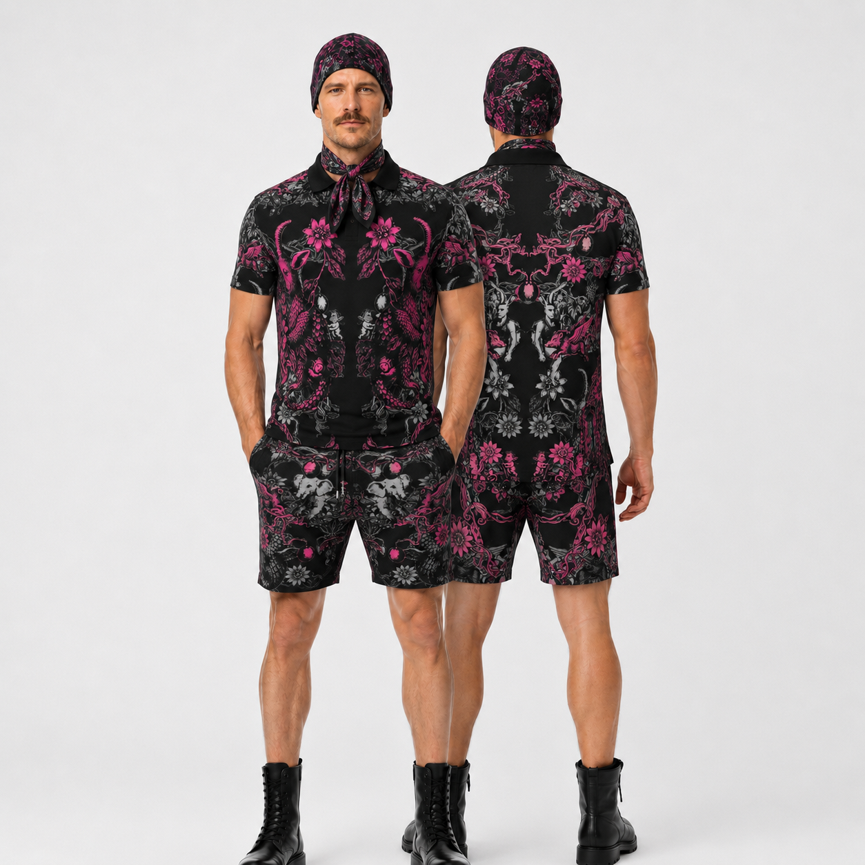 Polo Shirt in Toile Des Bosch Fuchsia Carbon
