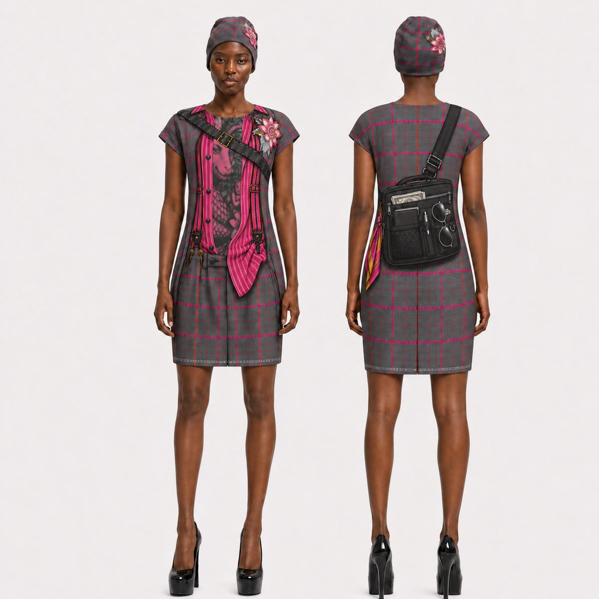 Tunic T Shirt Dress in Trompe Toile Fuchsia Carbon