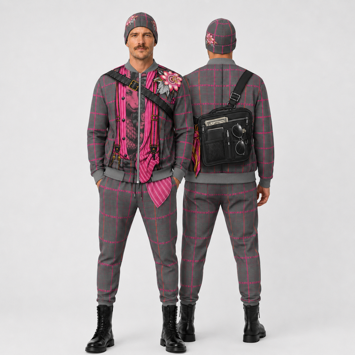 Mens Bomber Jacket in Trompe Toile Fuchsia Carbon