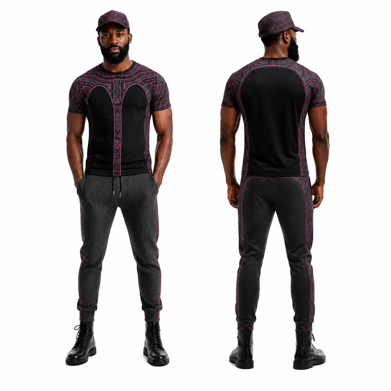 All Over Print T Shirt in Contours Pattern Fuchsia Carbon