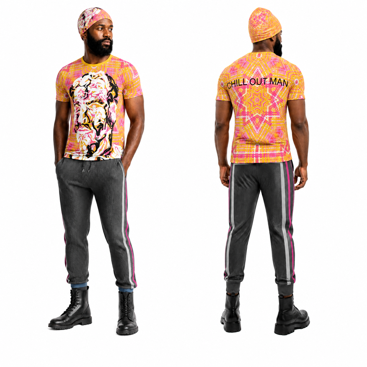 All Over Print T Shirt in Chill Out Man Gold Dawn