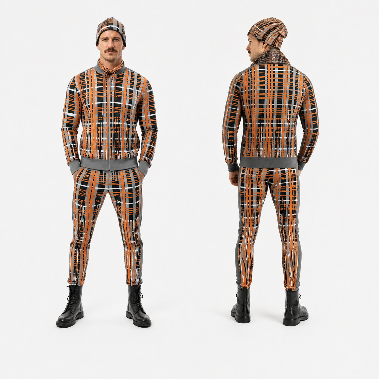 Tracksuit Set in Dripping Plaid Gray Coral