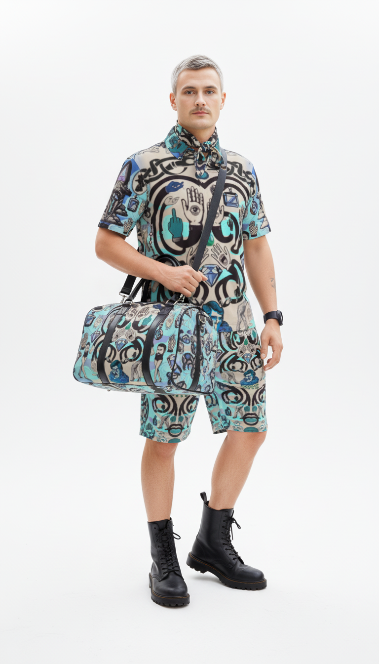 Person wearing a patterned outfit with a bag on a white background