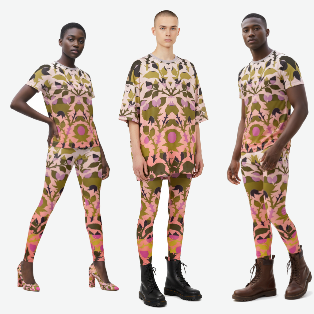 All Over Print T Shirt in Spots Stripes Roses Golden Sunset