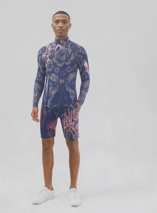 Three Piece Co-ord Set in Dripping Flowers Blue - Sweat Shorts in Dripping Flowers Blue