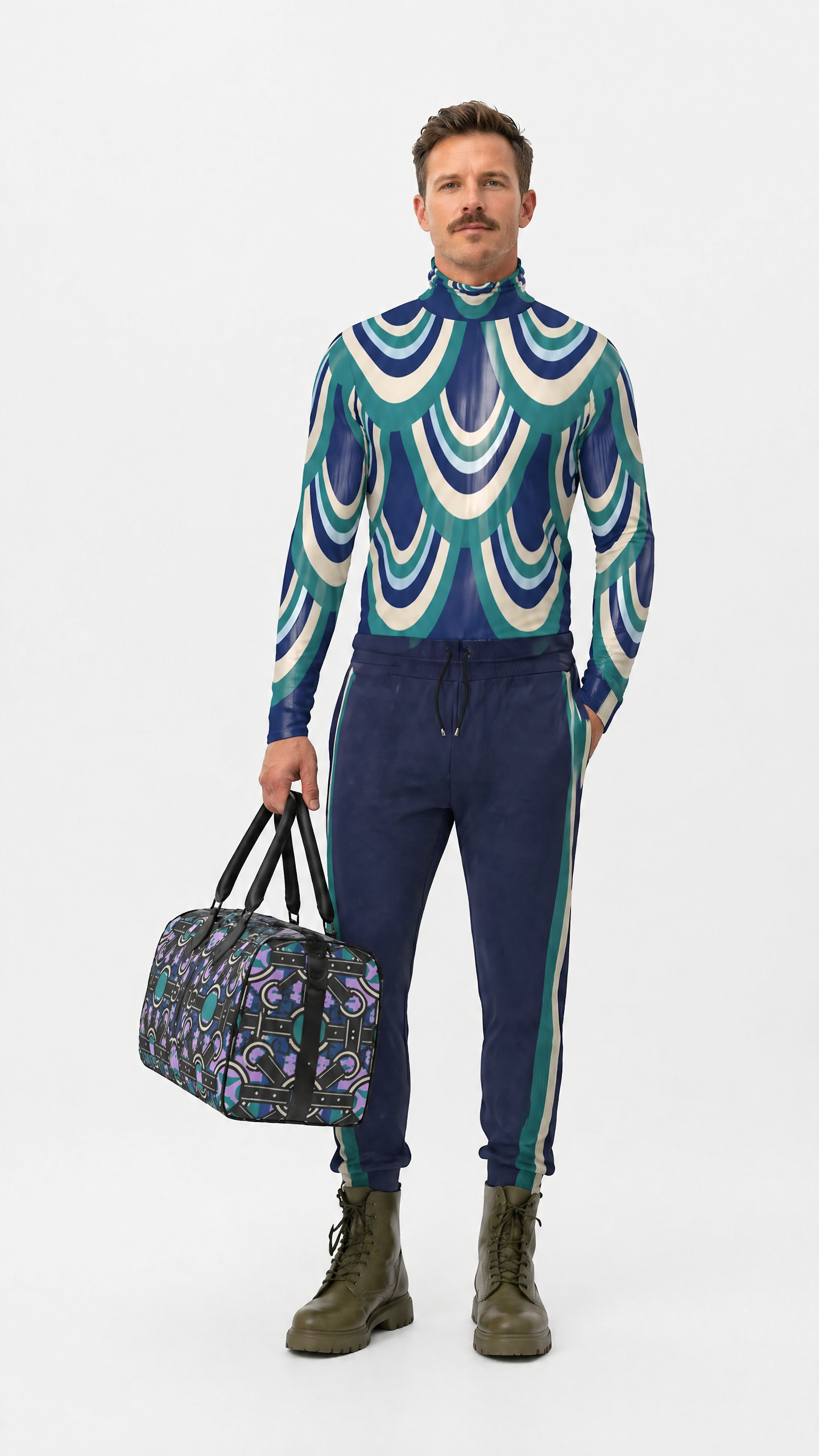 Mens slim fit roll neck in Scales Moonlit Garden