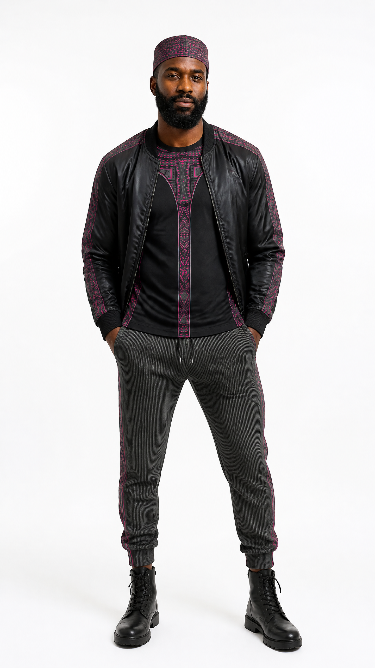 Bomber Jacket  in Contours Pattern Fuchsia Carbon
