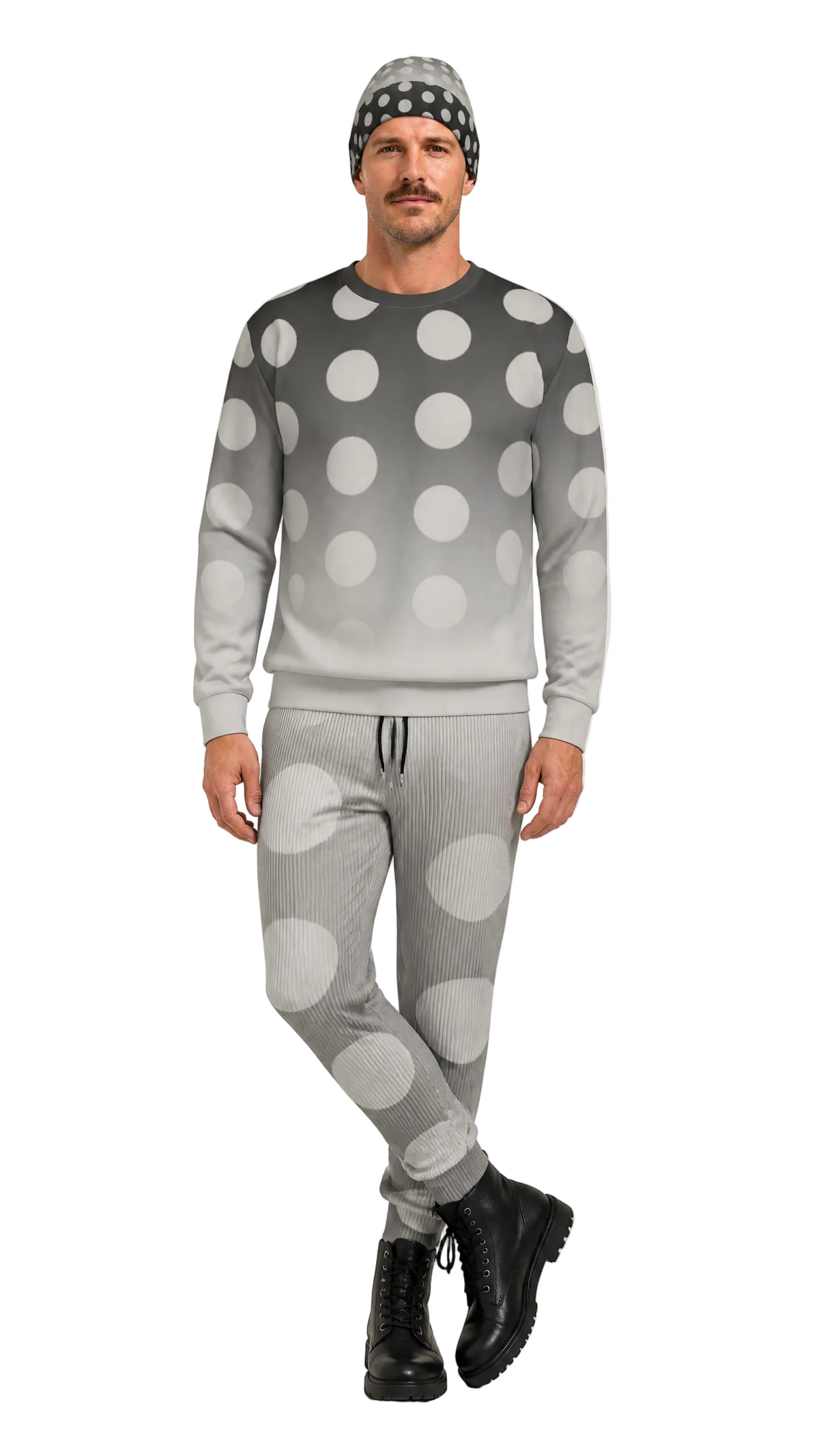 A man modeling a gray and white polka dot crewneck sweatshirt and matching jogger pants set, paired with a black and white patterned beanie and black boots, against a light gray studio background.