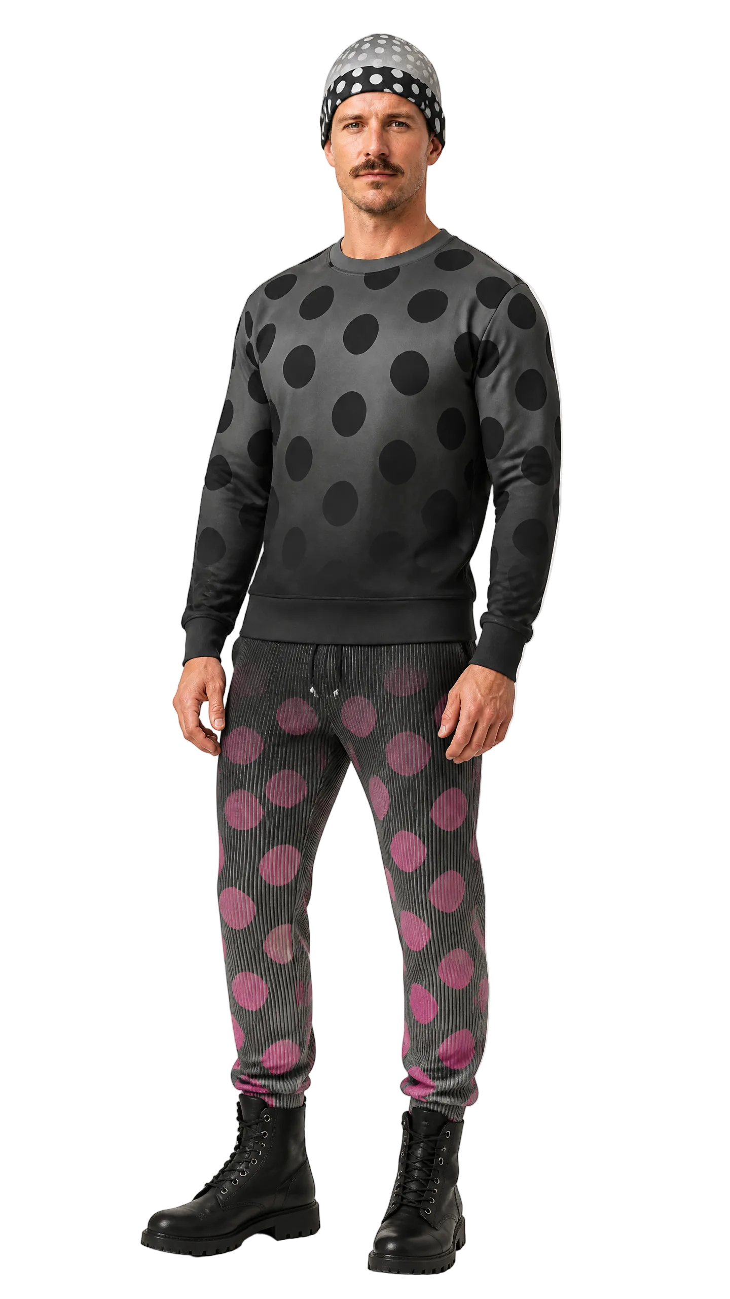 A man modeling a matching two-piece loungewear set consisting of a dark gray crewneck sweatshirt with black polka dots and matching ribbed joggers with pink polka dots, paired with a black and white patterned beanie and black boots, against a plain light gray background.
