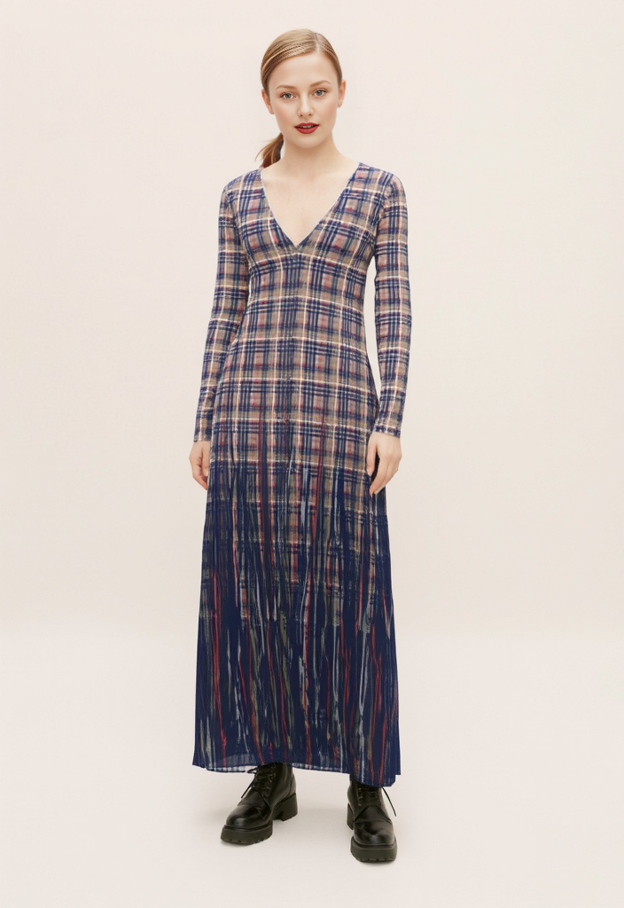 Cardigan Dress in Dripping Plaid Blue