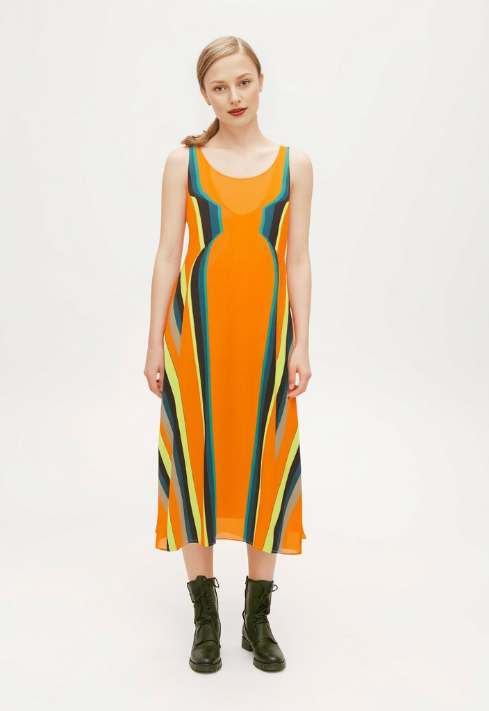 Sleeveless Midi Dress in 3D hourglass orange.