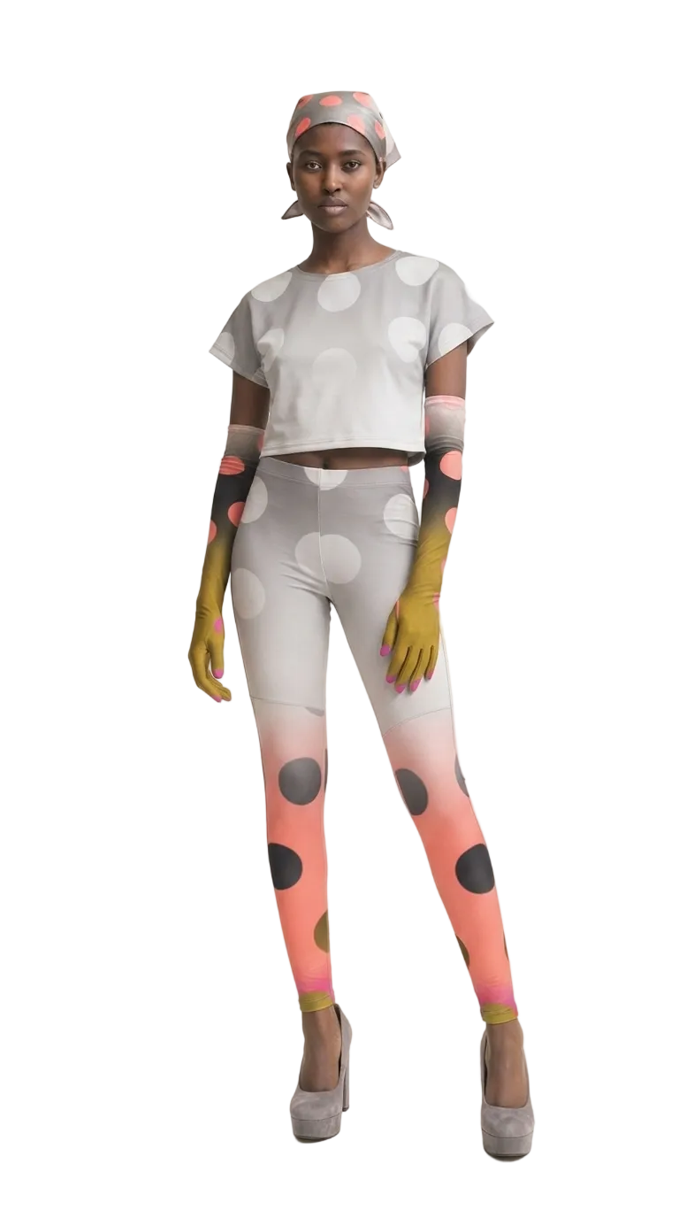 A model wearing a matching two-piece set with a light gray top and leggings featuring a colorful abstract polka dot pattern in pink, orange, yellow, and black, paired with a matching headscarf and gray platform heels.