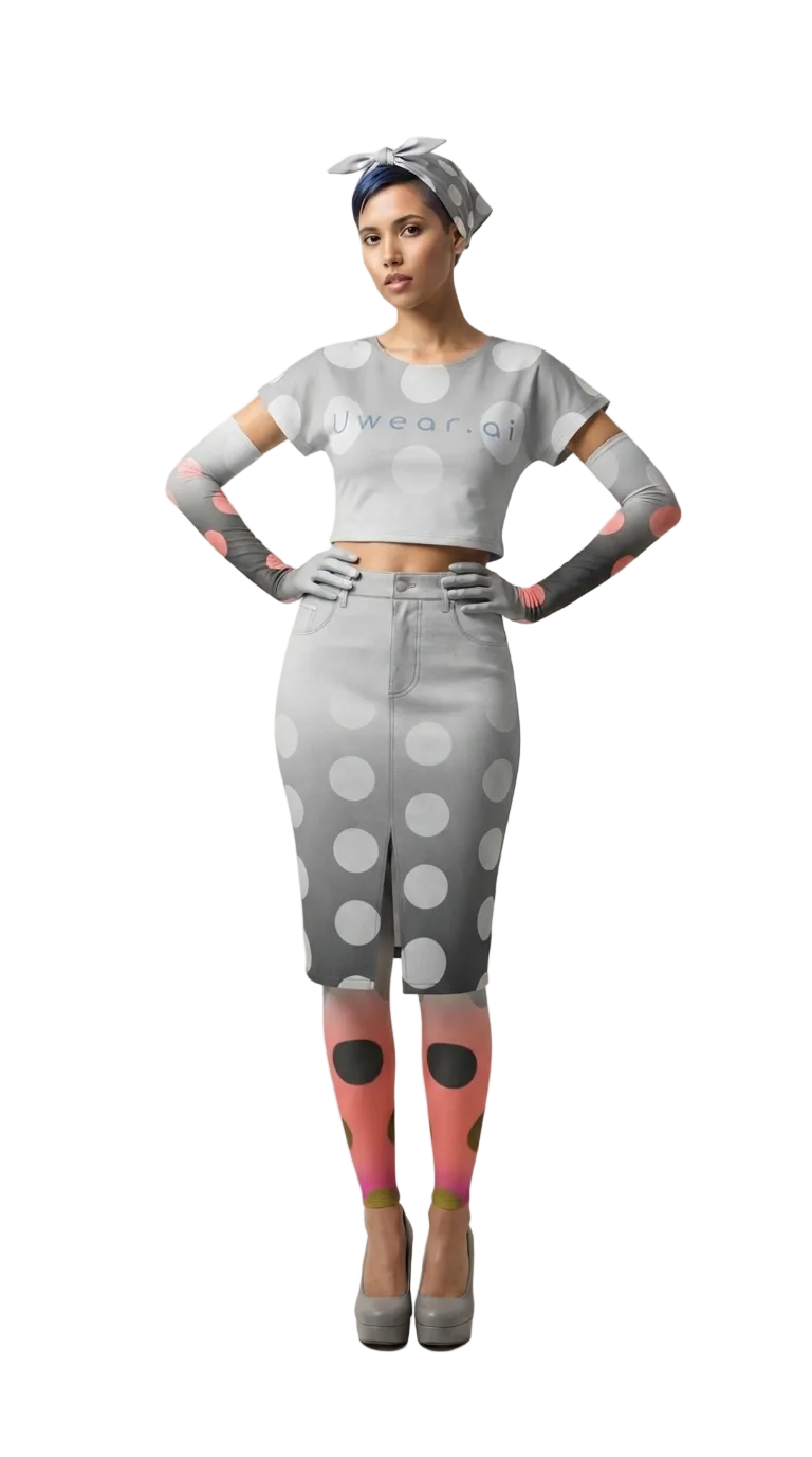 A model wearing a matching gray polka dot crop top and high-waisted shorts set, paired with pink and black polka dot tights and a gray headscarf, standing against a light beige studio background.