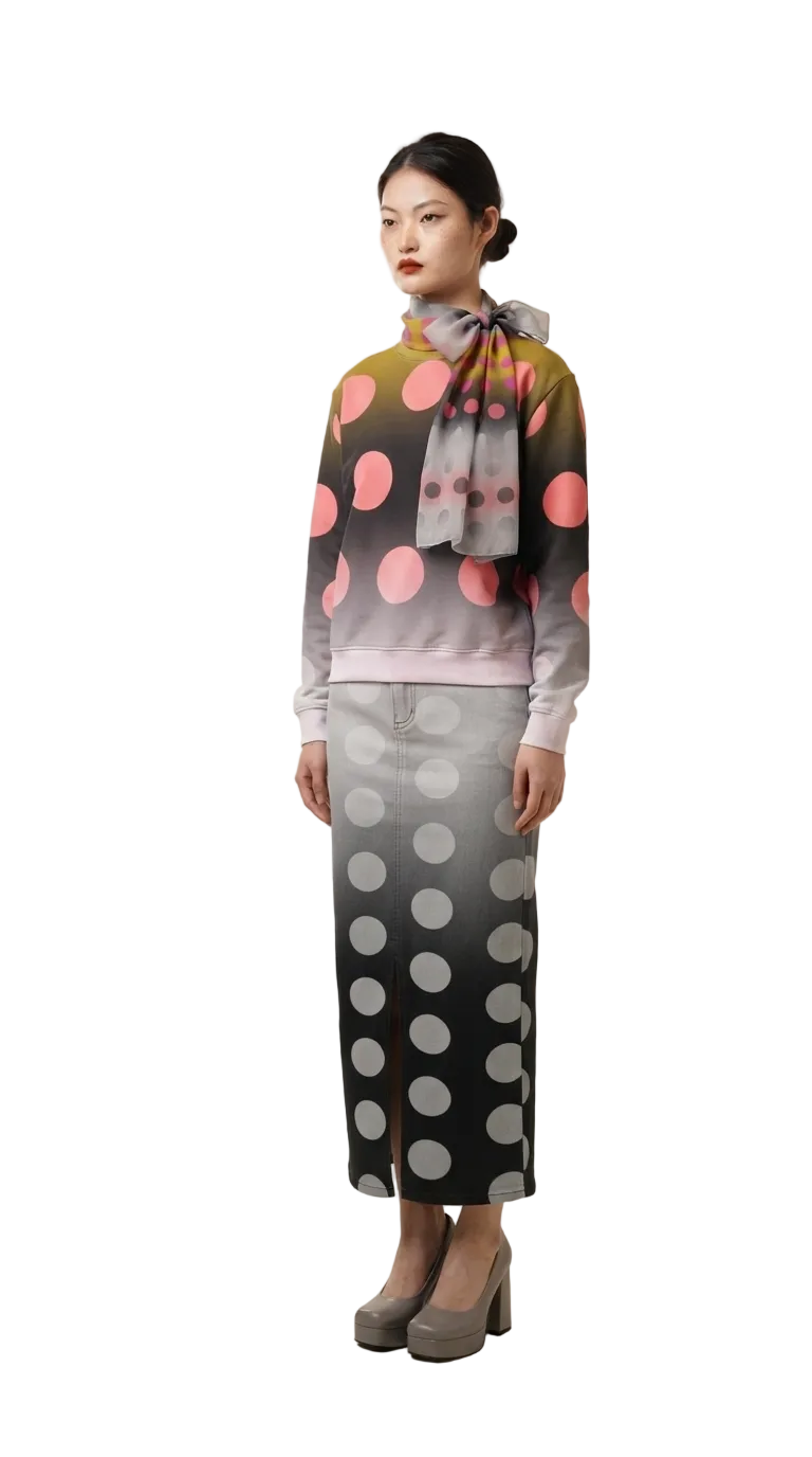 A model stands in a studio wearing a matching two-piece set featuring a long-sleeve top and a midi skirt, both with a gradient and polka dot pattern. The top has a yellow-to-purple gradient with pink polka dots, and the skirt has a gray-to-black gradient with white polka dots.