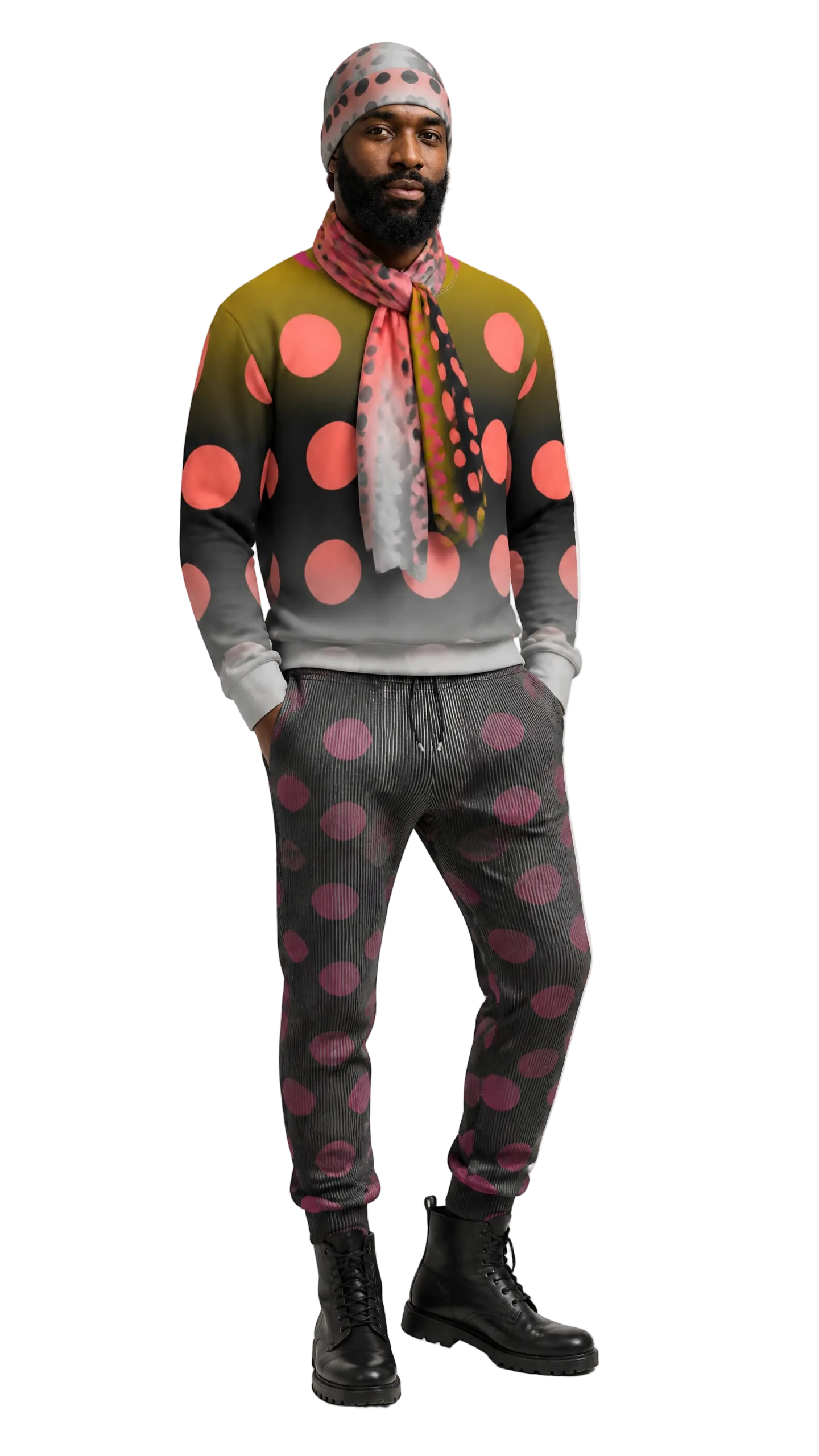 A man modeling a matching two-piece tracksuit featuring a long-sleeve top and jogger pants with a dark gray to olive green gradient and large pink polka dots, styled with a patterned beanie, scarf, and black boots against a light gray studio background.