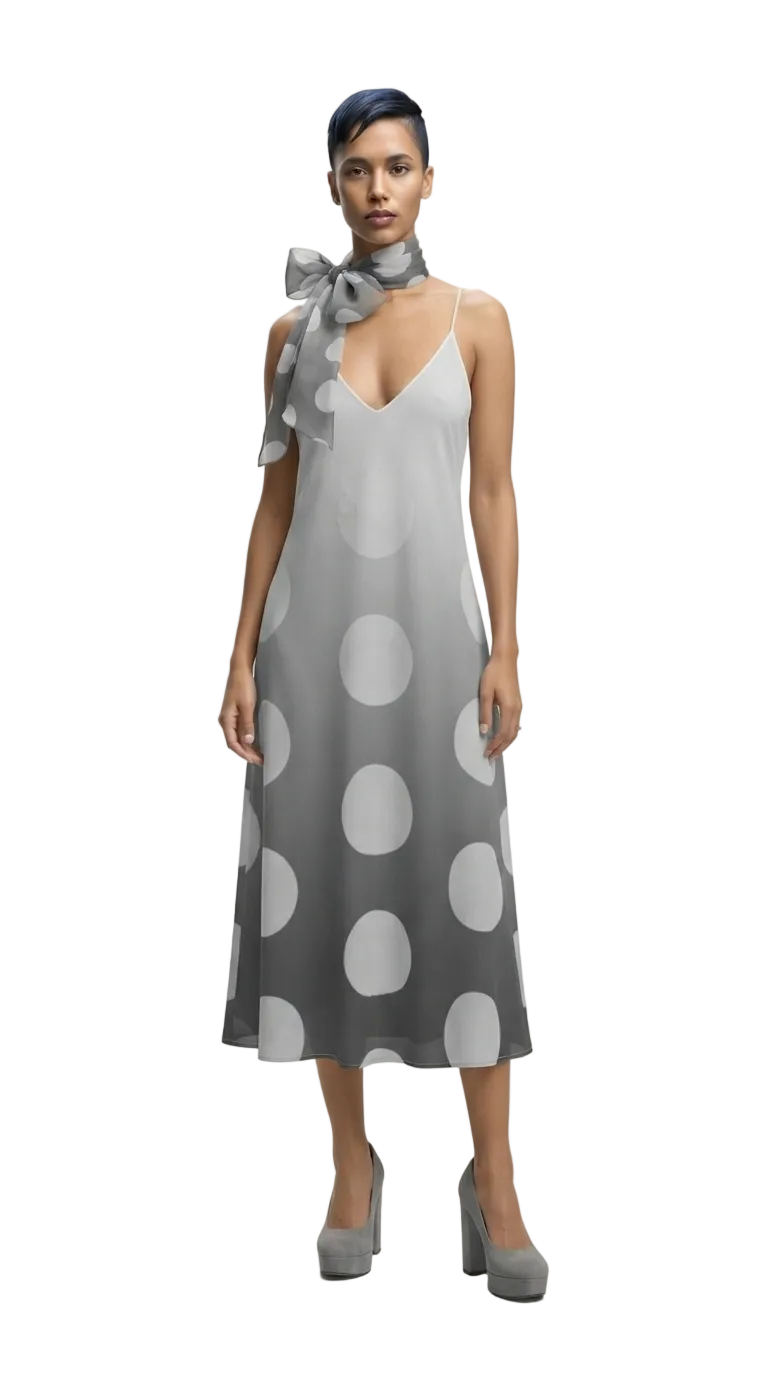 A model wearing a gray sleeveless midi dress with large white polka dots and a matching gray neck scarf with a bow, paired with gray high heels against a light gray studio background.