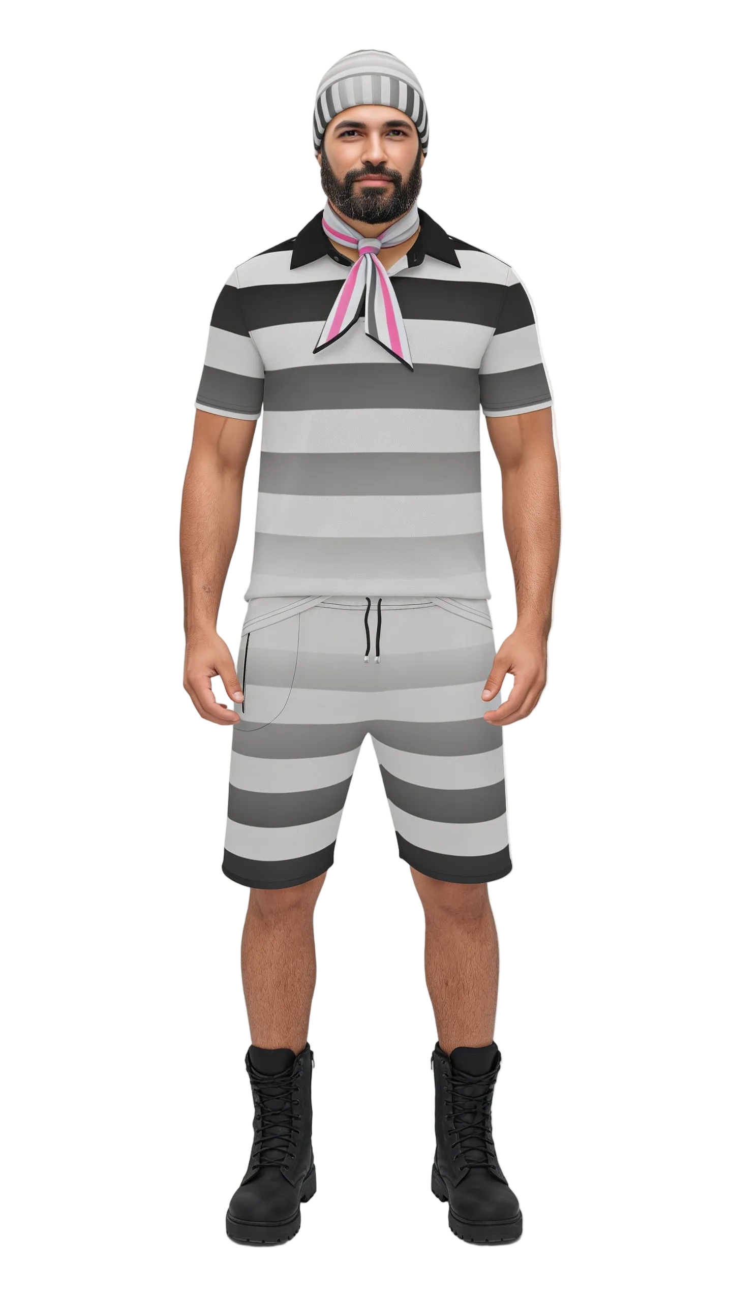 A man modeling a matching gray and black striped prison-style outfit, including a short-sleeve polo shirt, shorts, a striped beanie, and a pink striped neck scarf, paired with black boots against a white studio background.