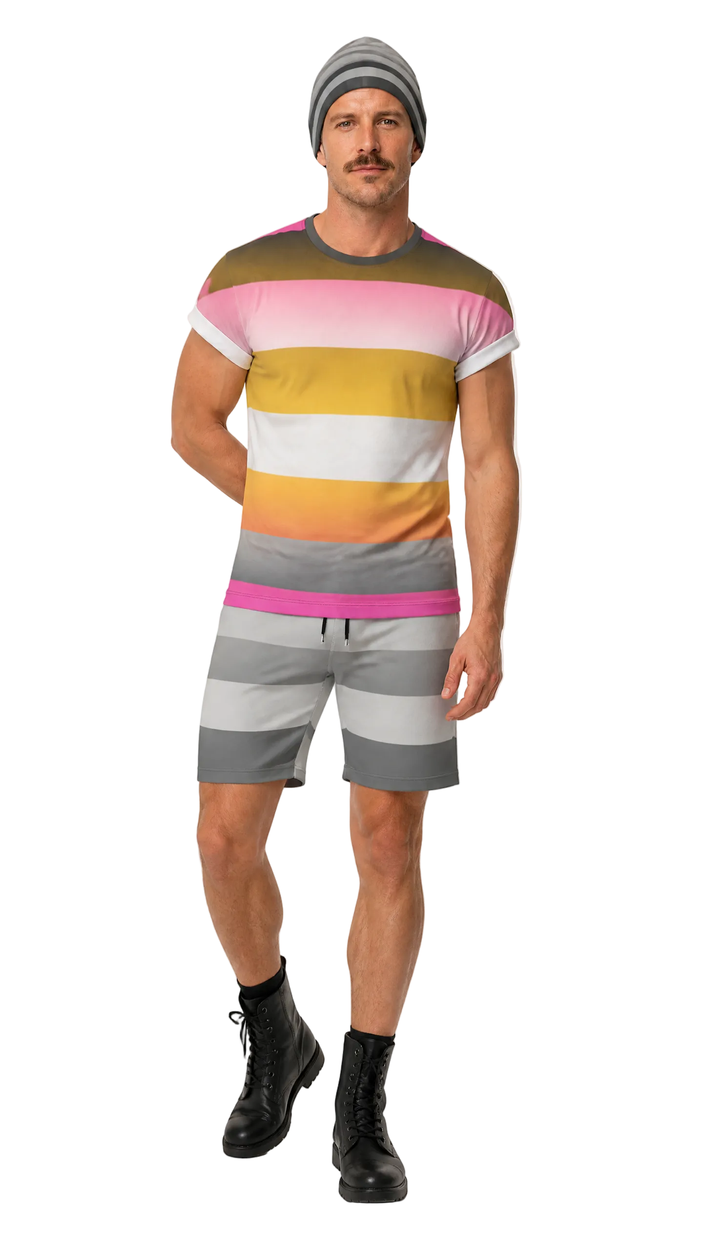 A man modeling a matching striped lounge set consisting of a short-sleeve t-shirt and shorts, paired with a gray beanie and black boots, against a plain white studio background.