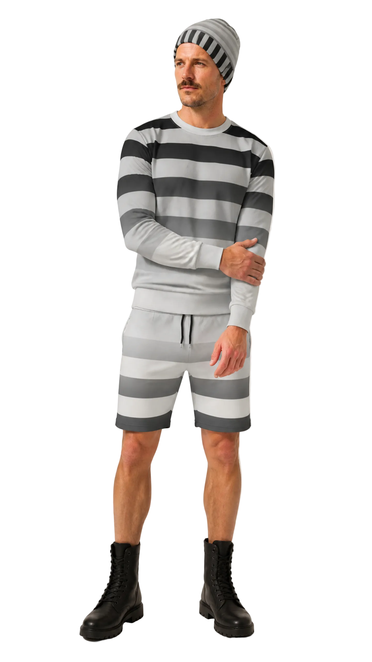 A man modeling a gray and white striped long-sleeve shirt, matching striped shorts, a gray and white striped beanie, and black boots against a plain light background.