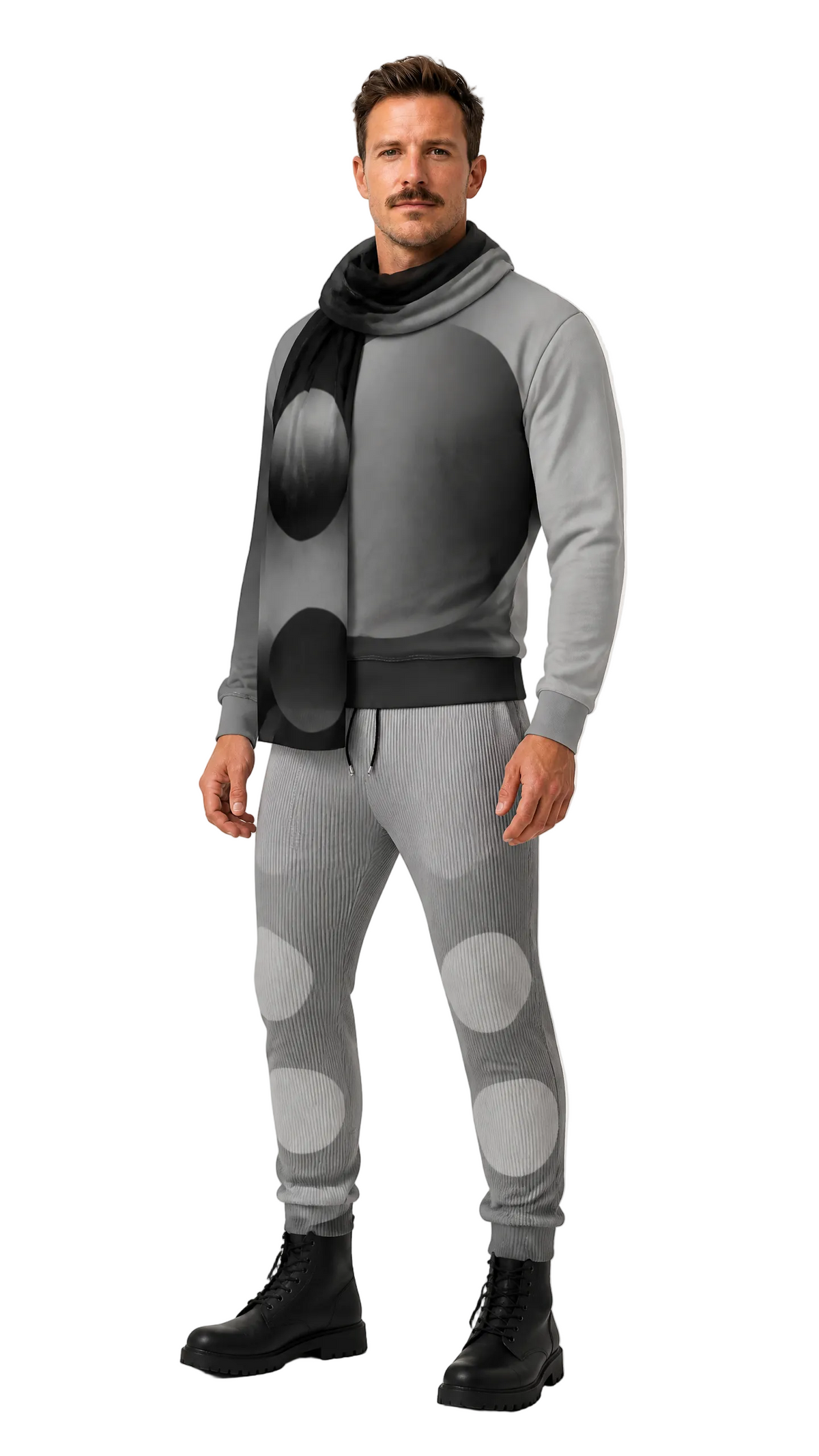 A man modeling a gray and black cowl-neck sweatshirt and matching jogger pants with circular patch designs, paired with a black scarf and black boots, against a light gray studio background.