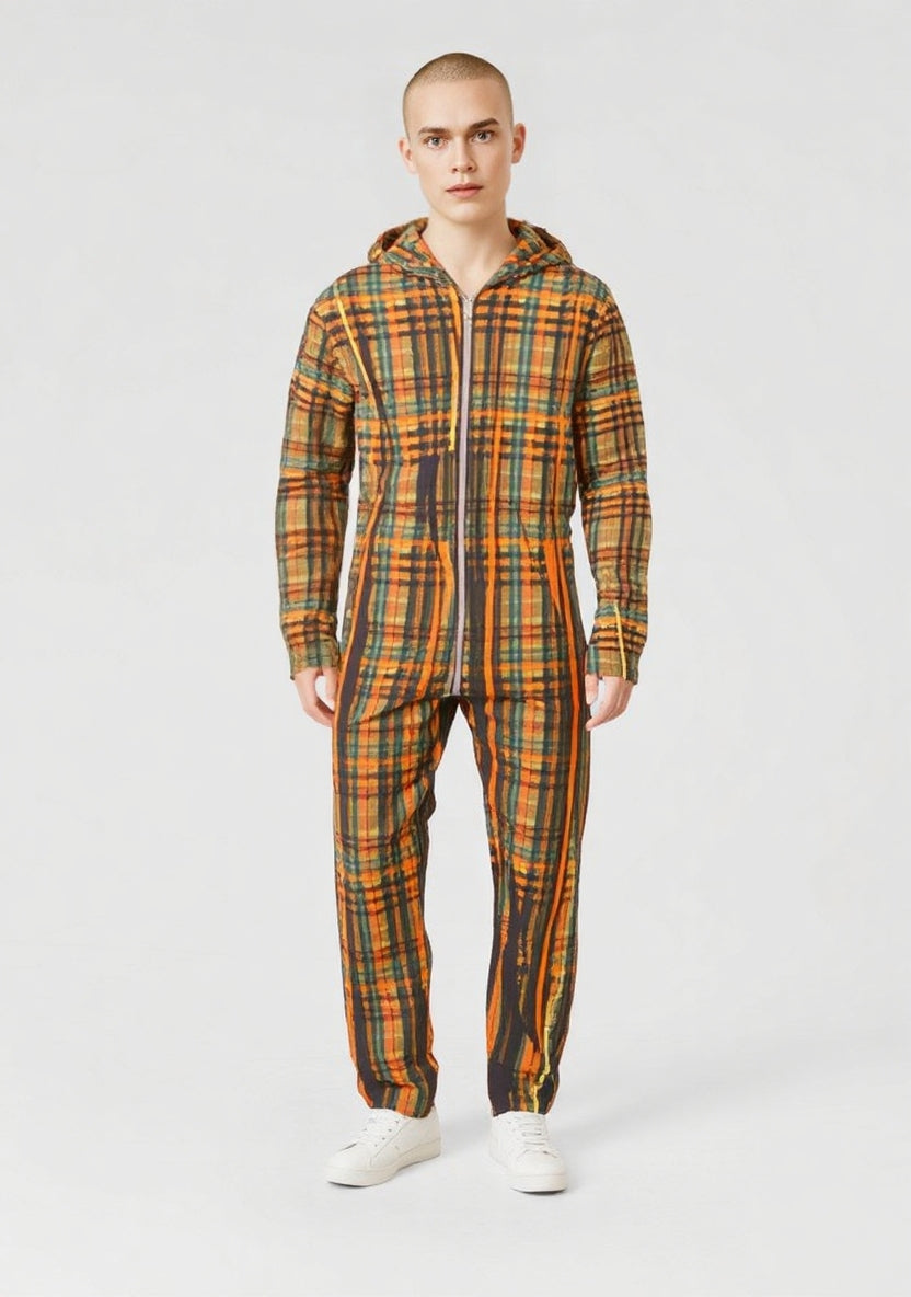 Boiler Suit in Dripping Plaid Orange