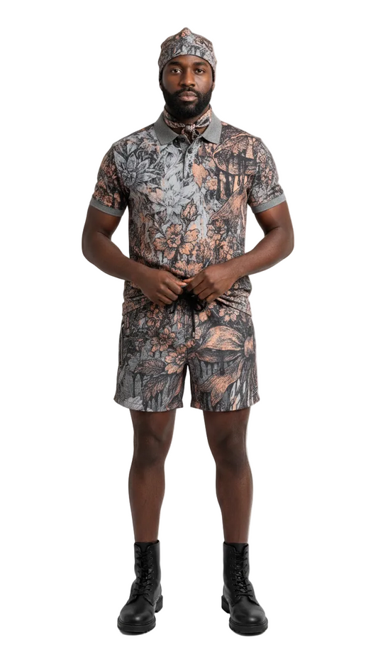 Polo Shirt in Dripping Flowers Gray Coral
